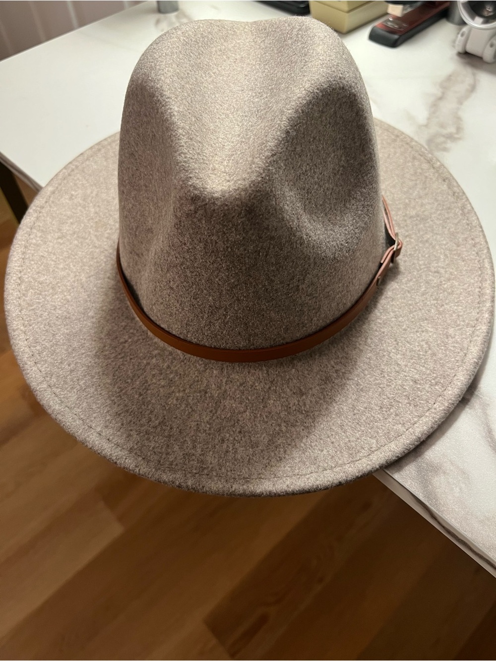 Wide Brim 100% Wool Fedora Hat in Light Taupe with Brown Band